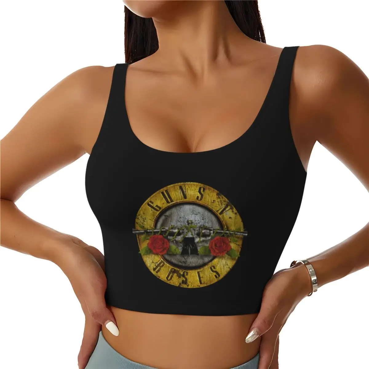 Custom Guns N Roses Bullet Logo Workout Crop Tank Tops Women's Heavy Metal Yoga Sports Bras