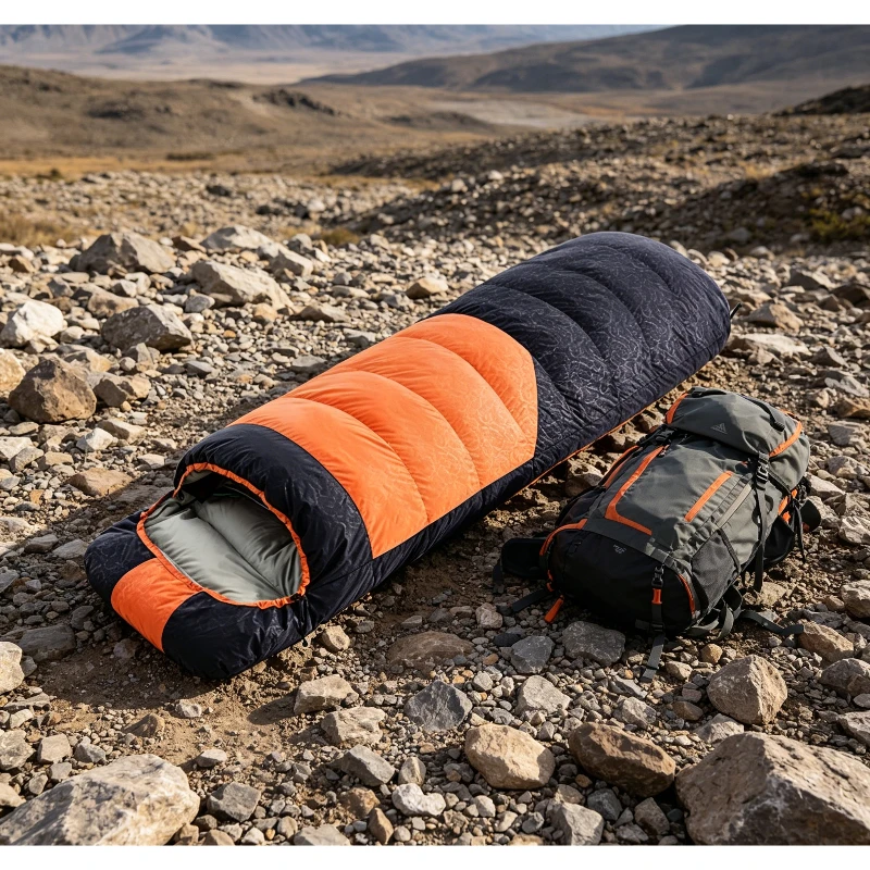 

Orange Down Sleeping Bag for Outdoor Camping, Warm Duck Down, Can Be Zipped Together, Temp -5°C to 5°C