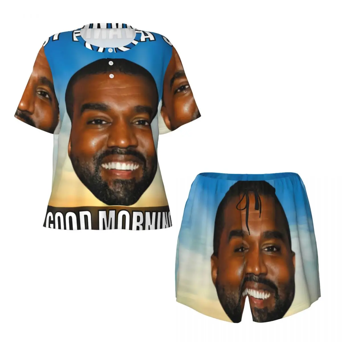 Custom Printed Women Funny Kanye West Meme Pajamas Set Rapper Music Producer 2 Piece Pjs Sets Short Sleeve Sleepwear Loungewear