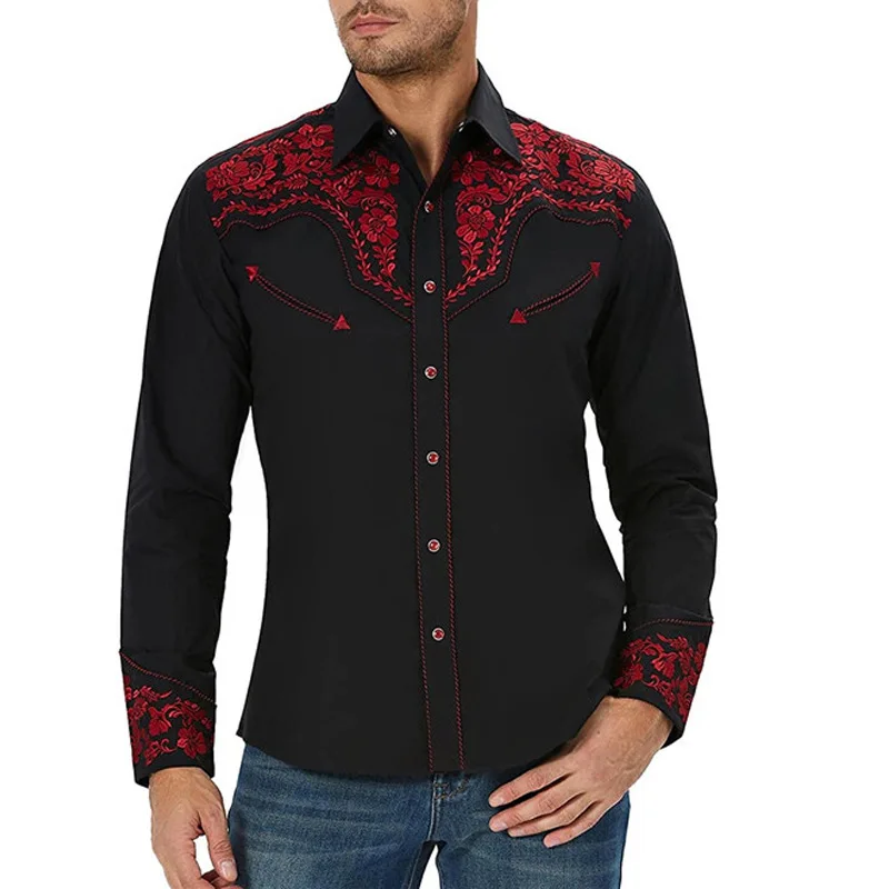 Men's Fashion Embroidered Shirt American Western Style Loose Long Sleeve Shirt
