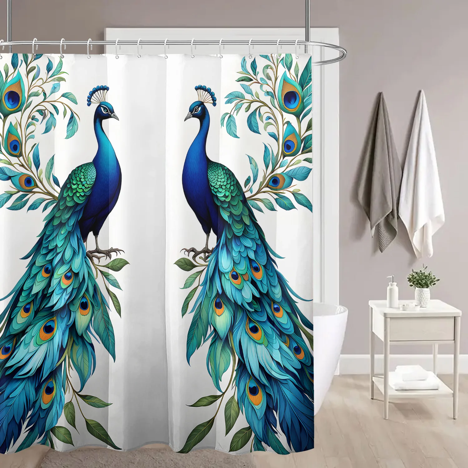 

1 шт. Элегантная занавеска для душа с принтом павлина, 71x71 дюймов, полиэфирная ткань с крючками, яркий синий и зеленый дизайн павлина,