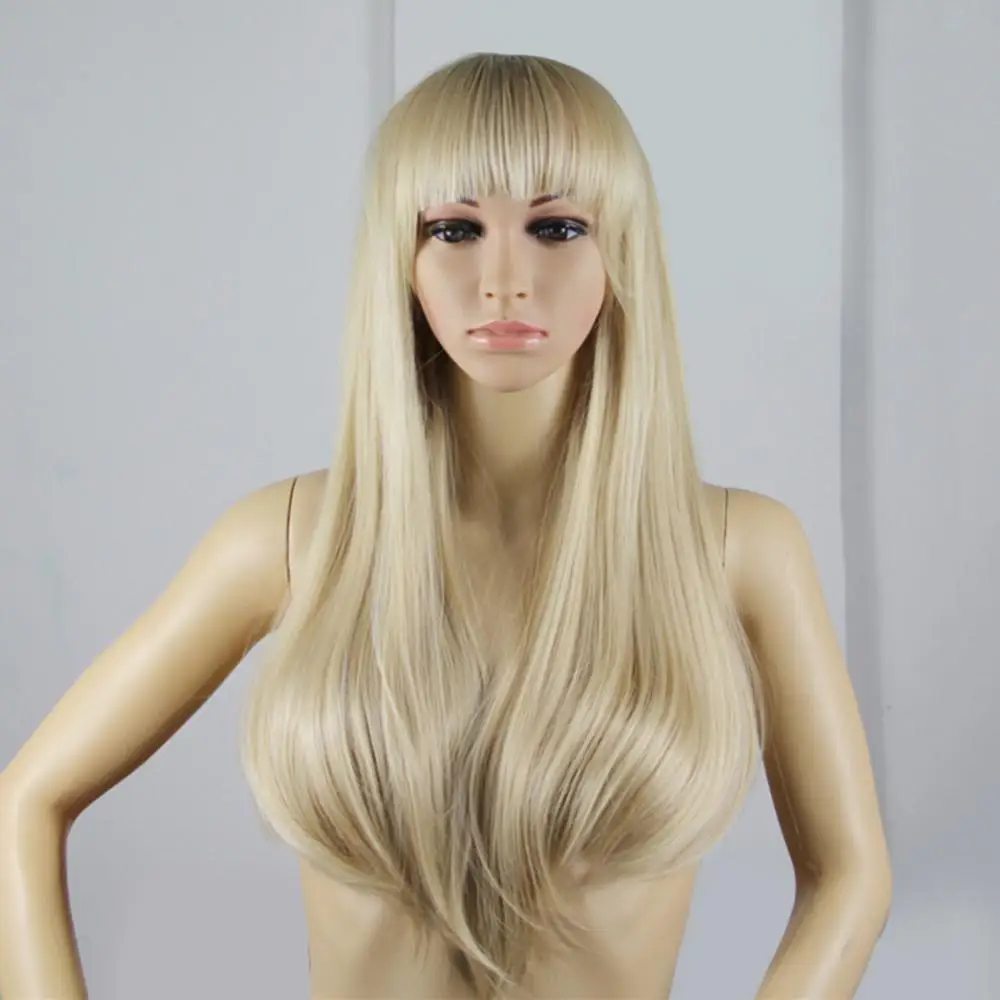 

65cm Modern Lady Golden Tone Neat Bangs Long Straight Full Wig COSPLAY Club Hairpiece Blonde Layered Straight Synthetic Wigs