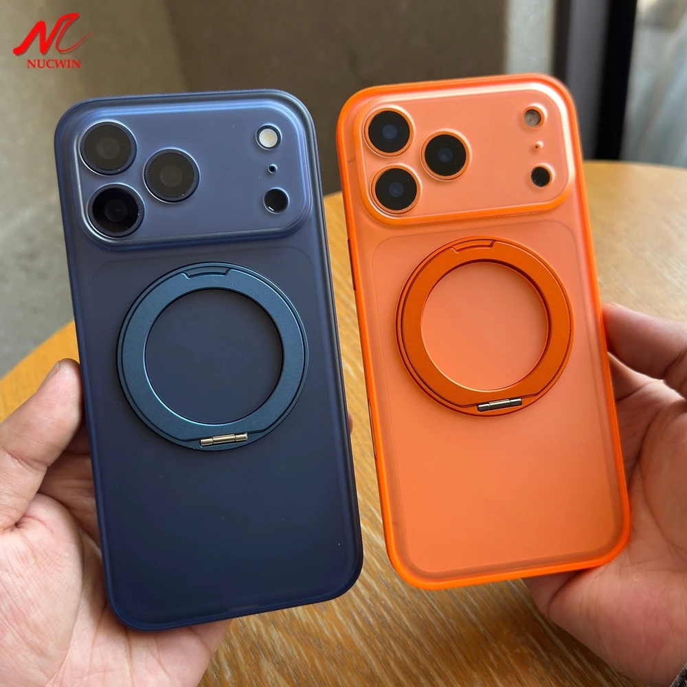 360 °   Drehbare Metallhalterung PU-Leder Bumper-Hülle für iPhone 17 16 Pro Max 17Pro 16Pro für MagSafe Ultradünne PC Mattierte Abdeckung