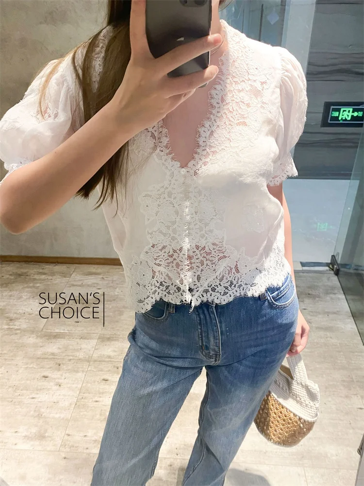 

Susan Faionable White Lace Hollow Bubble Sve irt Women's Top French Sle Loose Fit Linen Material ort Sve V-Ne