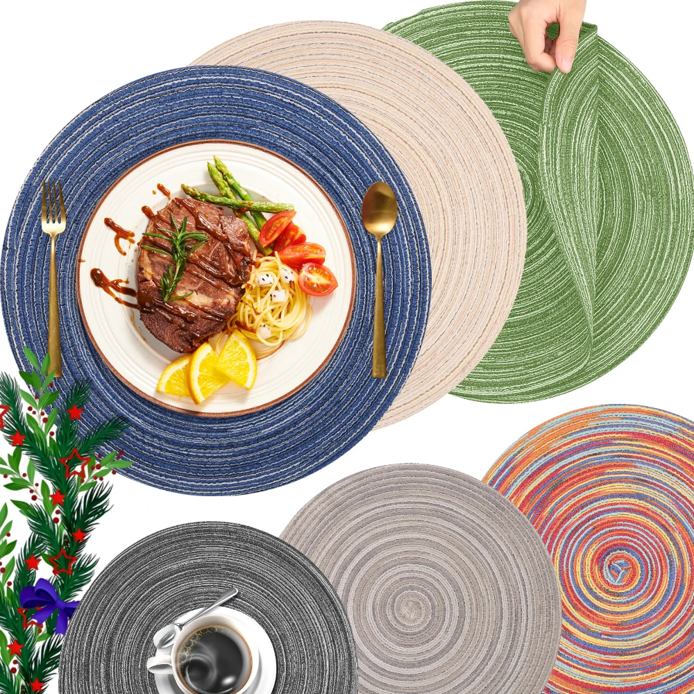 Placemats for Dining Table 6PC Linen Cotton Woven Non-slip Ironing Placemat Teacup Mat Round Plate Mat Flower Mat Kitchenware