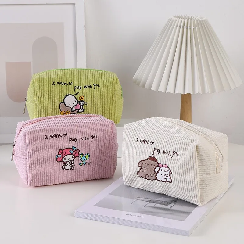 3pcs Ladies Japanese Cute Cartoon Melody Kuromi velluto a coste borsa per il trucco della ragazza di grande capacità