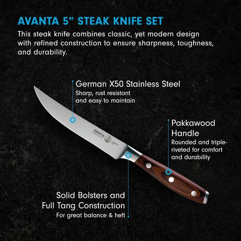 Avanta-Fine Edge Steak Knife Set, alemão X50 em aço inoxidável, resistente à ferrugem, fácil de manter, inclui 4 facas, 5"