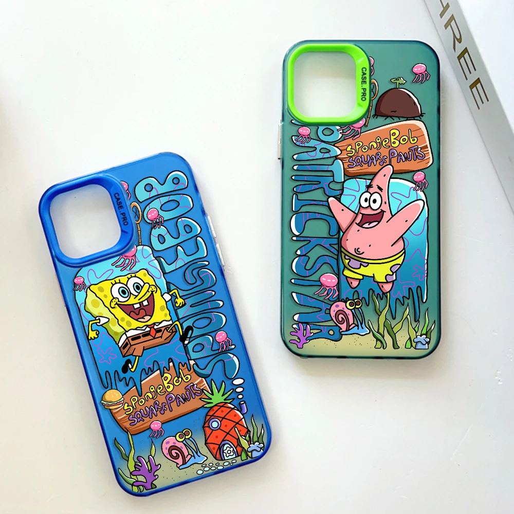 Cartoon Cute SpongeBobs Phone Case for IPhone 13 12 11 15 14 Pro Max Plus Lens Creative Border Silver Plated Inside Hard TPU