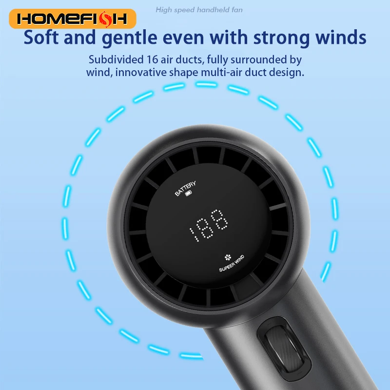 HOMEFISH Handheld Portable Fan 3 Speed Foldable Desktop Fan USB Rechargeable 3600mAh LED Digital Display for Home Office Travel