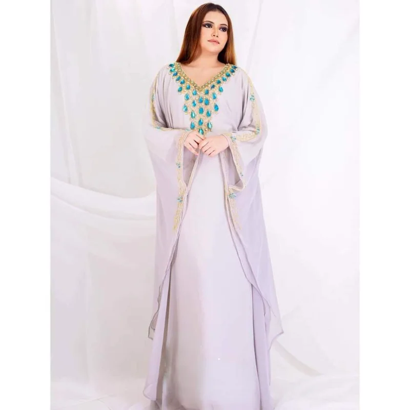 

Caftan Moroccan Dubai Kaftans Abaya Farasha Long Sleeve Gown V-Neck Dresses Length 56inches