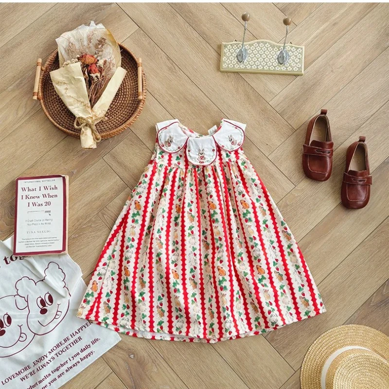 

Flower Collar Bunny Embroidery Girls Dress Summer 2025 New Cartoon Print Sweet Cute Baby Sleeveless Skirt