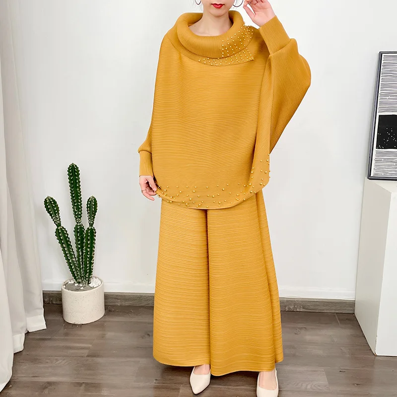 Lily Pleated Set 2024 Spring/Summer New Beaded Polo Collar Long Sleeve Top+Wide Leg Pants Two Piece Set for Westernized Women