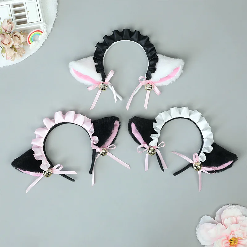 Lolita Bow Cat Ear Hair Hoop with Bell Kawaii Girl Cosplay Headwear Animal Headdress Comic Convention Japanese Maid Accessories