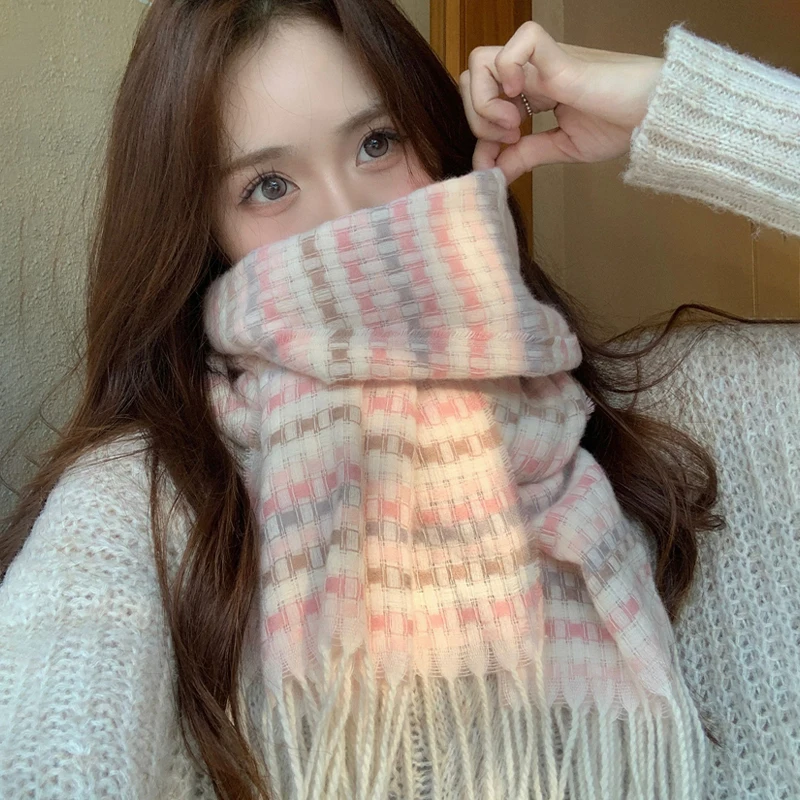 

2025 Autumn And Winter New Scarf Women's Korean Style All-match Plaid Tassel Student Warm Neck Scarf