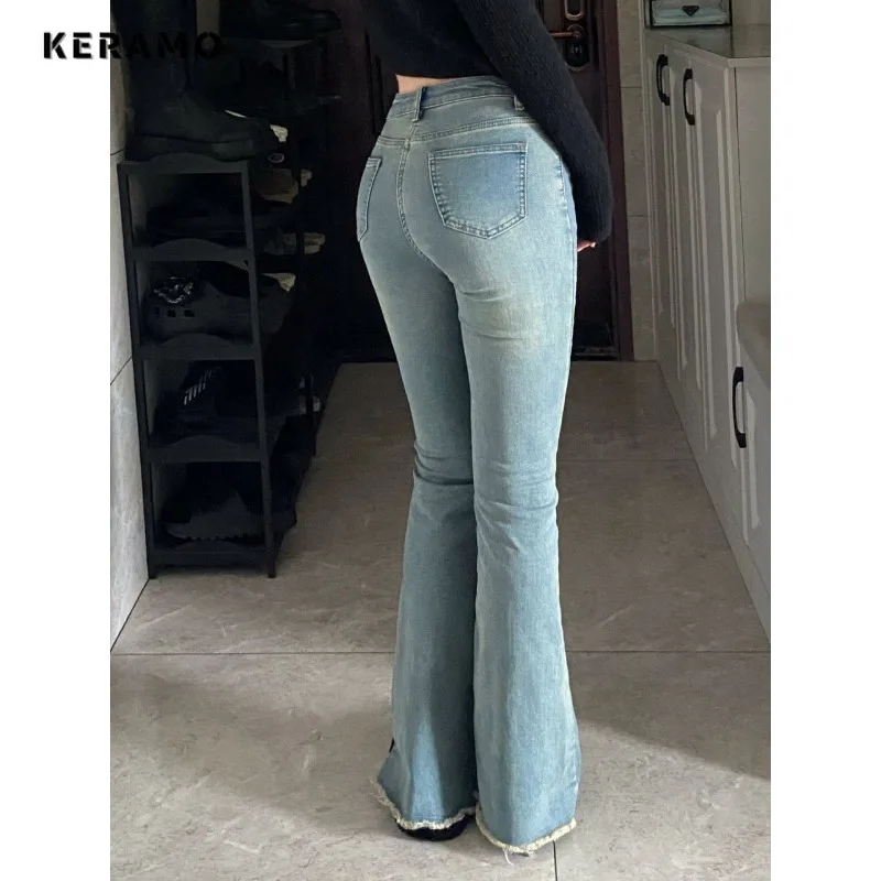 

2024 Summer Hotsweet Sheath High Waist Flared Jeans Female Sexy Retro Y2K Pants Women's Vintage Slim Washed Blue Denim Trouser