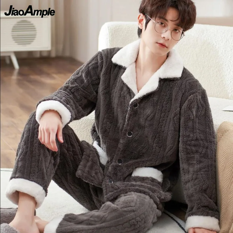 Men's Winter Warm Pajamas 2022 New Loose Thickened Flannel Pyjamas Sleepwear Two-piece Set Korean Fashion Pijamas Homewear Suit