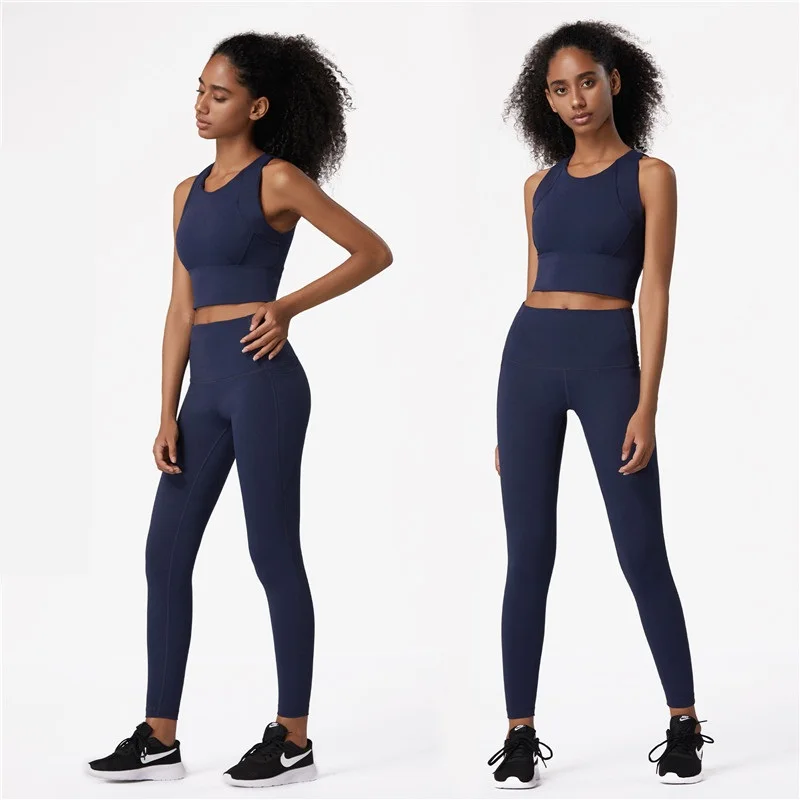 Solid Color Women's Fitness Yoga Set Full Package Thickened Bra Crop Top Tank Leggings 2pc Suit Squat Proof Gym Clothing Wear