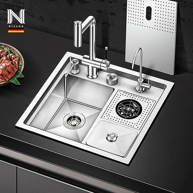 

Кухонная мойка Nillos N5550, серебристая, матовая, из нержавеющей стали 304