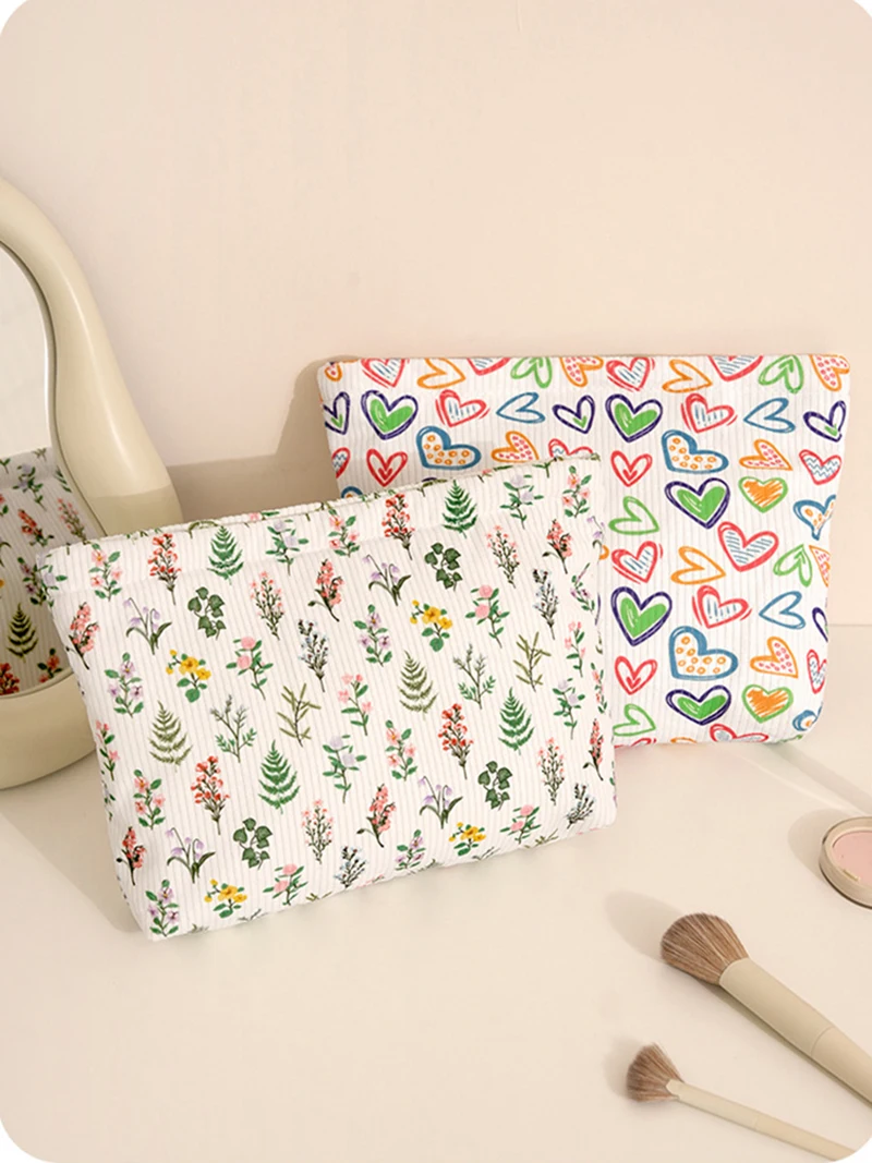 5pcs Makeup Bags  Corduroy Floral Love Printing Large Capacity Light Protable Travel Lipstick Holder Storage Bag