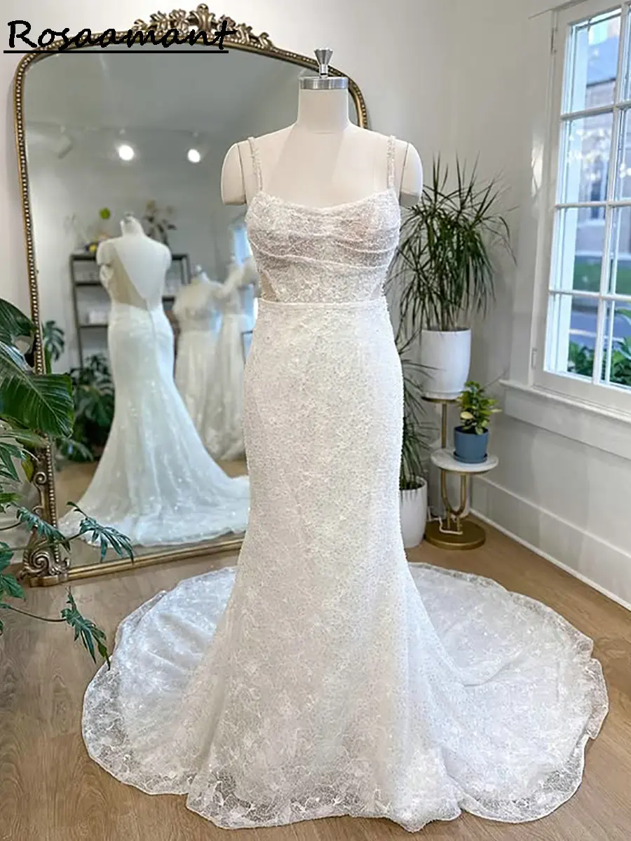 

Glitter Sequined Spaghetti Straps A-Line Wedding Dresses Illusion Sleeveless Open Back Country Bridal Gowns