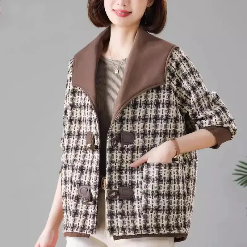 

Fashion Coat Women Large Size Loose Korean Plaid Short Jacket Female 2023Spring Autumn New Middle-Aged Elderly Mothers Outerwear