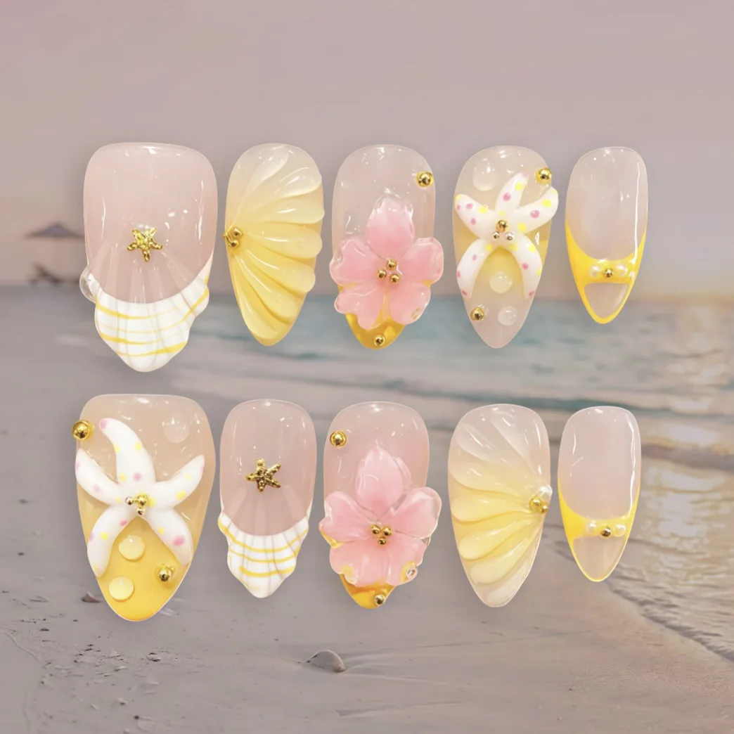 

24Pcs Machine Made Press On Nails Medium Almond Ocean Fake Nails 3D Shell Starfish & Flower Decoration False Nail Tips for Women