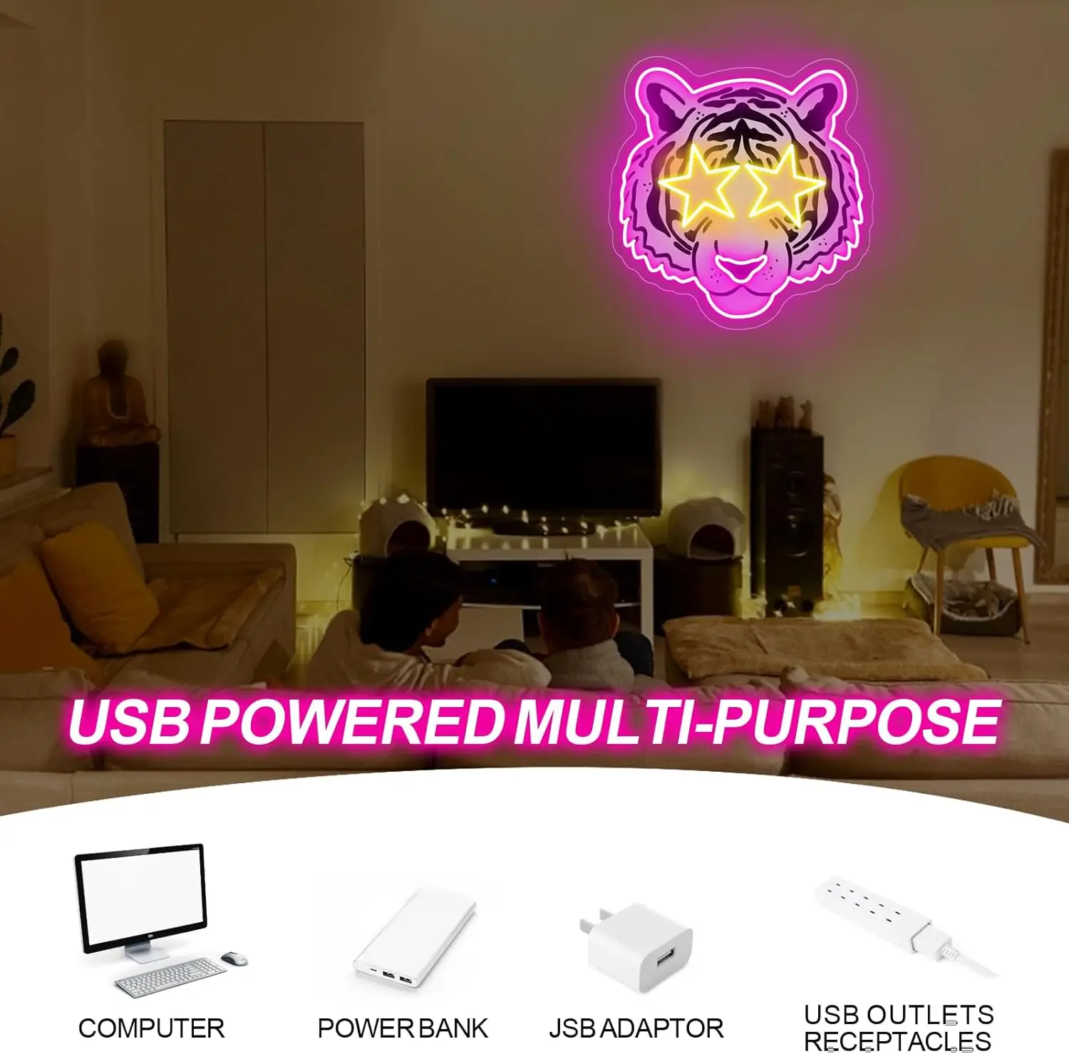 Dimmable Star Eyes Tiger Neon Light Sign USB Powered Wall Art Cool HipHop LED Sign for Game Room Men Cave Bar Club Setup Decor