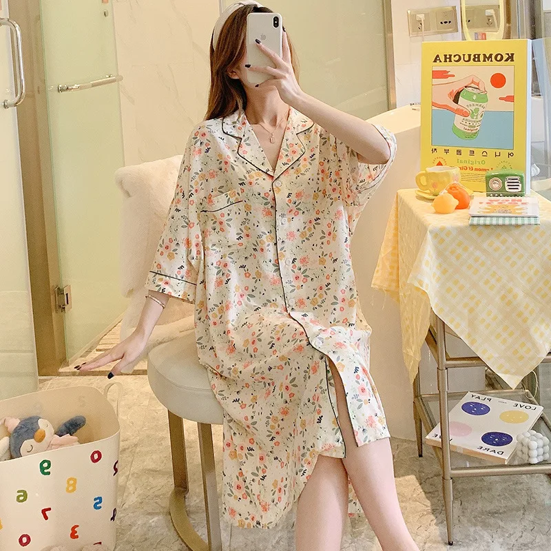 Plus Size Sleepshirts Women Homewear Sleep Nightdress Cotton Print Nightwear Home Dressing Gown Summer Long Nightgown Home Dress