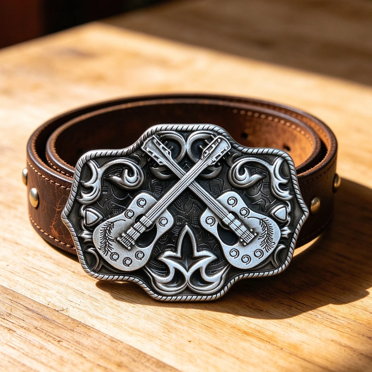 Vintage Western Cowboy Belt Buckle Crossed Guitar Metal Retro Alloy Buckle For 38-40mm Belt Country Music Rock Waist Accessories