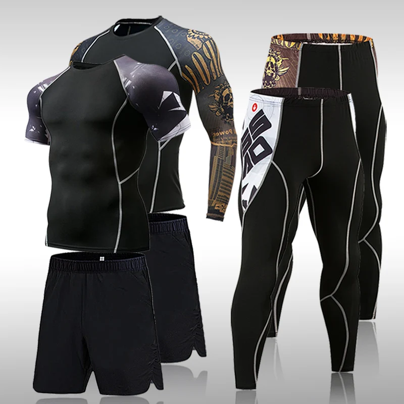 Men\'s Quick Dry T-shirt + Leggings Set Summer Breathable Casual T Shirt Running Set Fashion Compression Male Sport Suit 2022 New