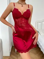 Women Pajamas Sleepdress Solid Wine Red Sleepwear Sleeveless Sexy Nightgown V-neck Sleepwear Summer Leisure Romantic Nightdress