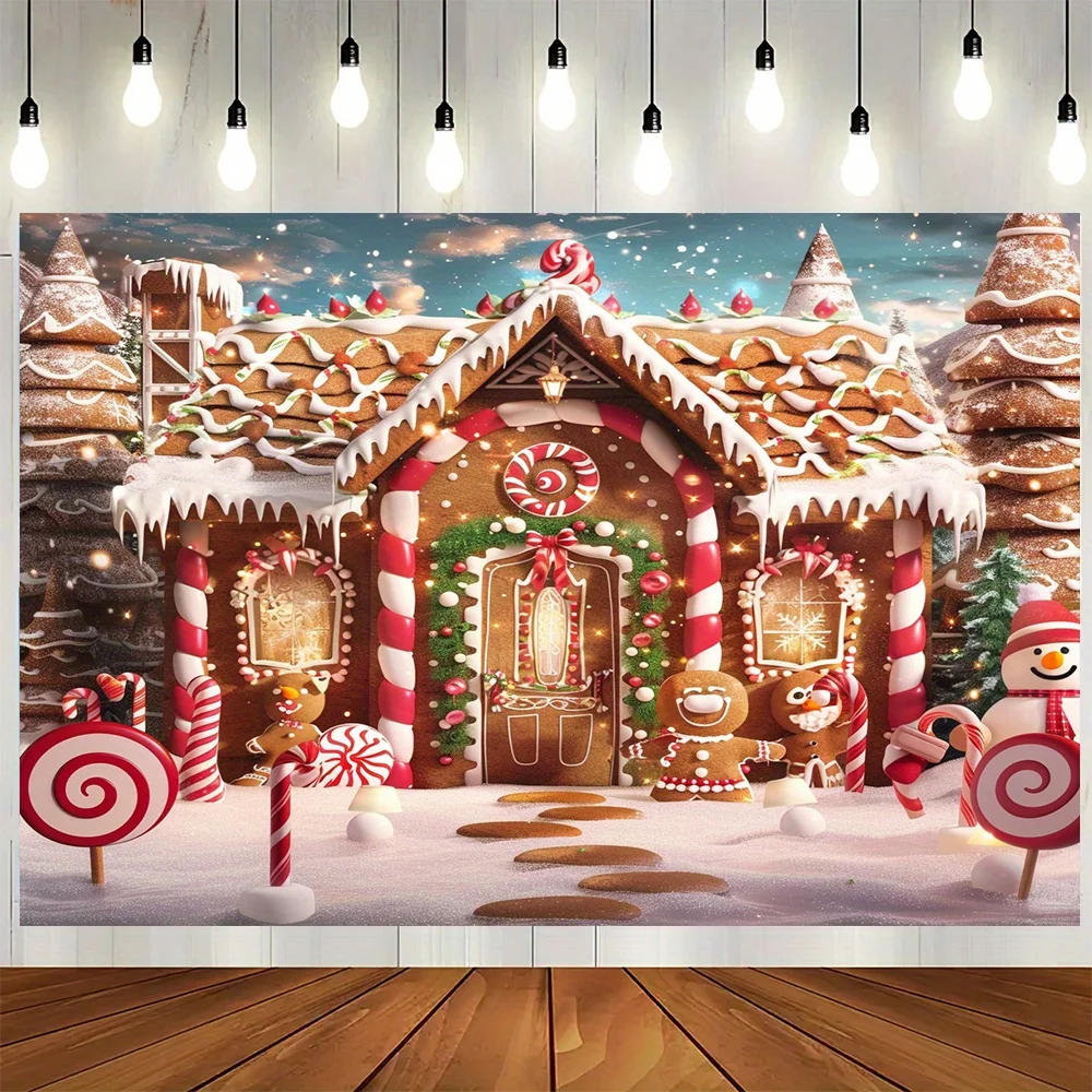 Merry Christmas Gingerbread House and Snow Tree Background Cloth - Indoor and Outdoor Photography Background Banner