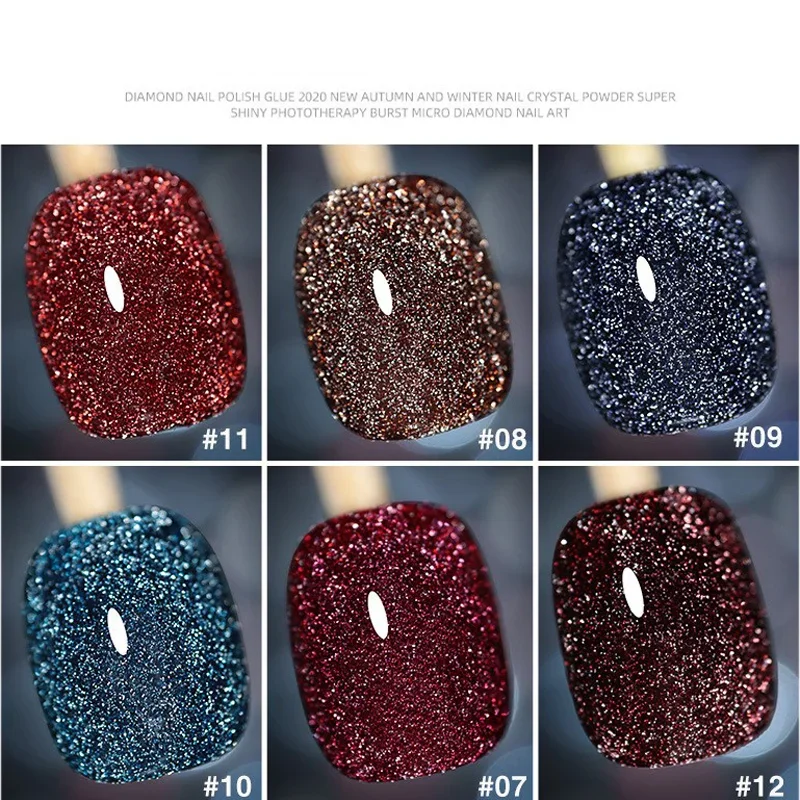 สะท้อนแสง Glitter เล็บเจล 10ml ประกายเลเซอร์ Sequins กึ่งถาวร Soak Off เคลือบเงา Aurora LED UV เล็บเจล 12 สี