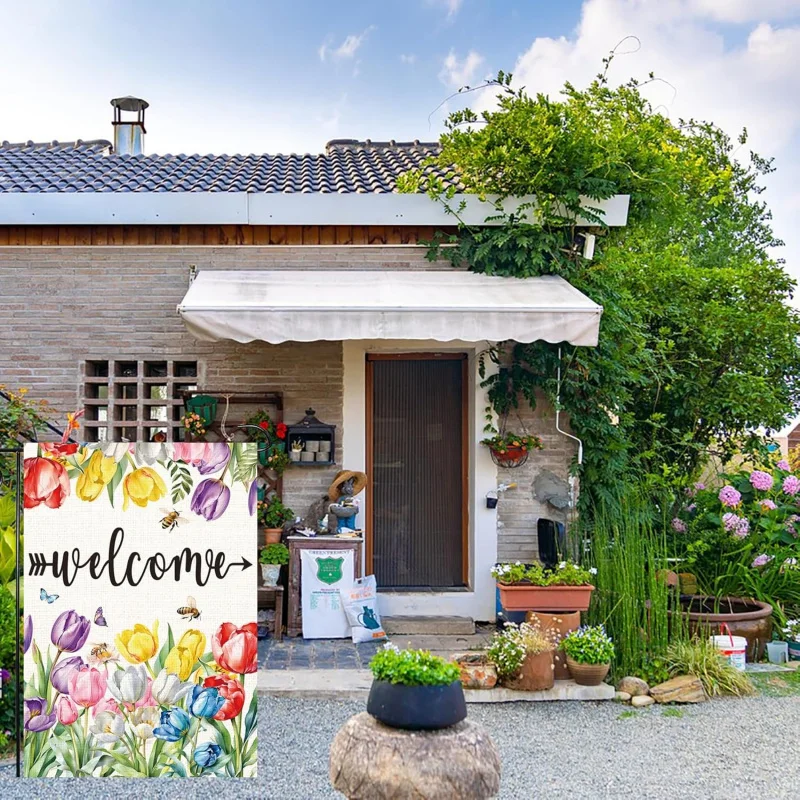 ฤดูใบไม้ผลิฤดูร้อนดอกไม้ยินดีต้อนรับสวนธงทิวลิปยินดีต้อนรับบ้านธงสองด้านฟาร์มเฮาส์ลานธงซีซัน