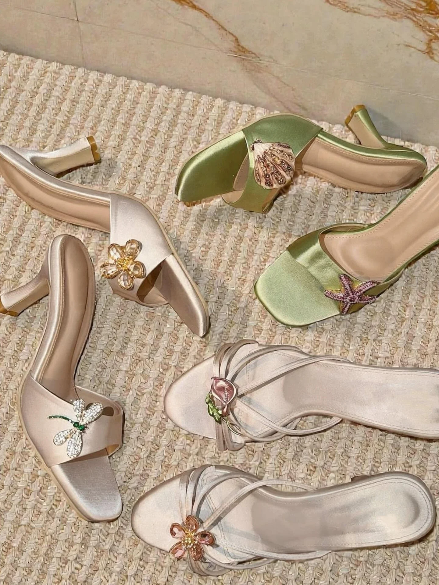 French Rhinestone Beach Slippers Fashion Satin Silk Sea Star Shell Slip-on Sandals Open-toe Chunky Heels Square Head High Heels
