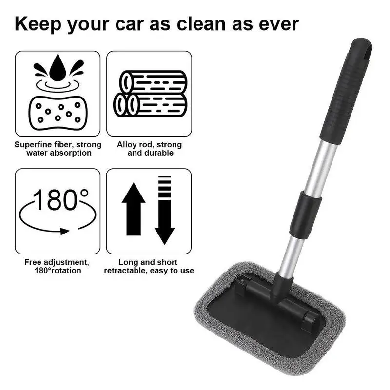 Car Window Cleaner Brush Mop Windshield Fog Cleaning Tool  Retractable Aluminum Handle with 8pcs Microfiber Covers