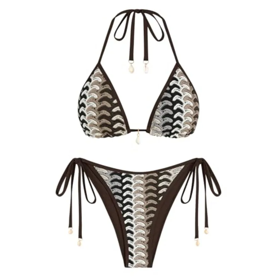 

ZAFUL Women's Colorblock Stripes Triangle Halter Tied Cheeky Thong Bikini Set High Cut Two Pcs Bathing Suit
