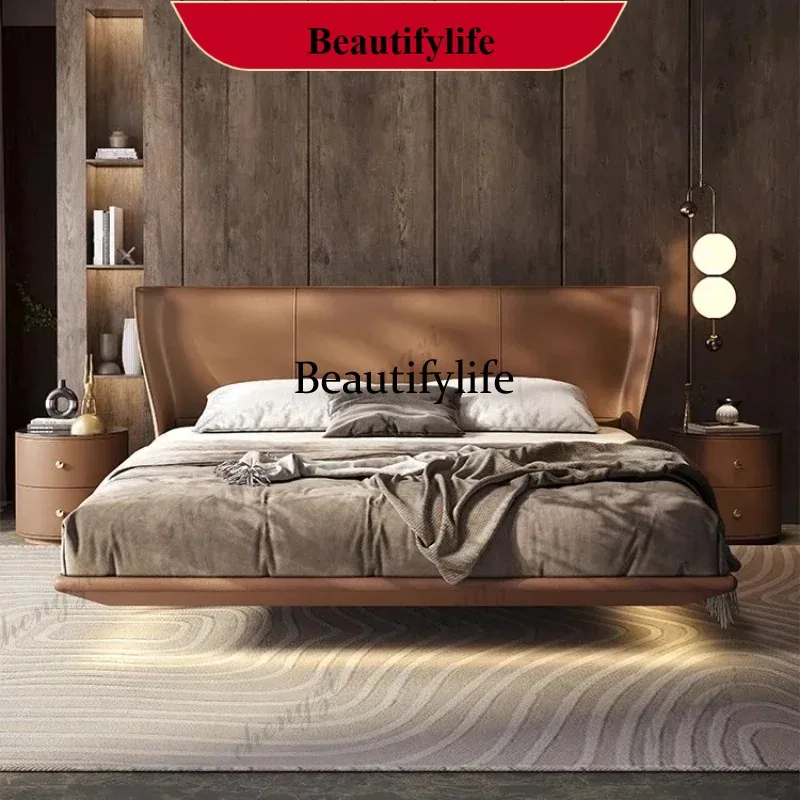 E153 Luxury Comfortable Genuine Leather Modern Bedroom Bed Internal 180x200 Letto Matrimoniale Furniture Minimally Elegant Doubl