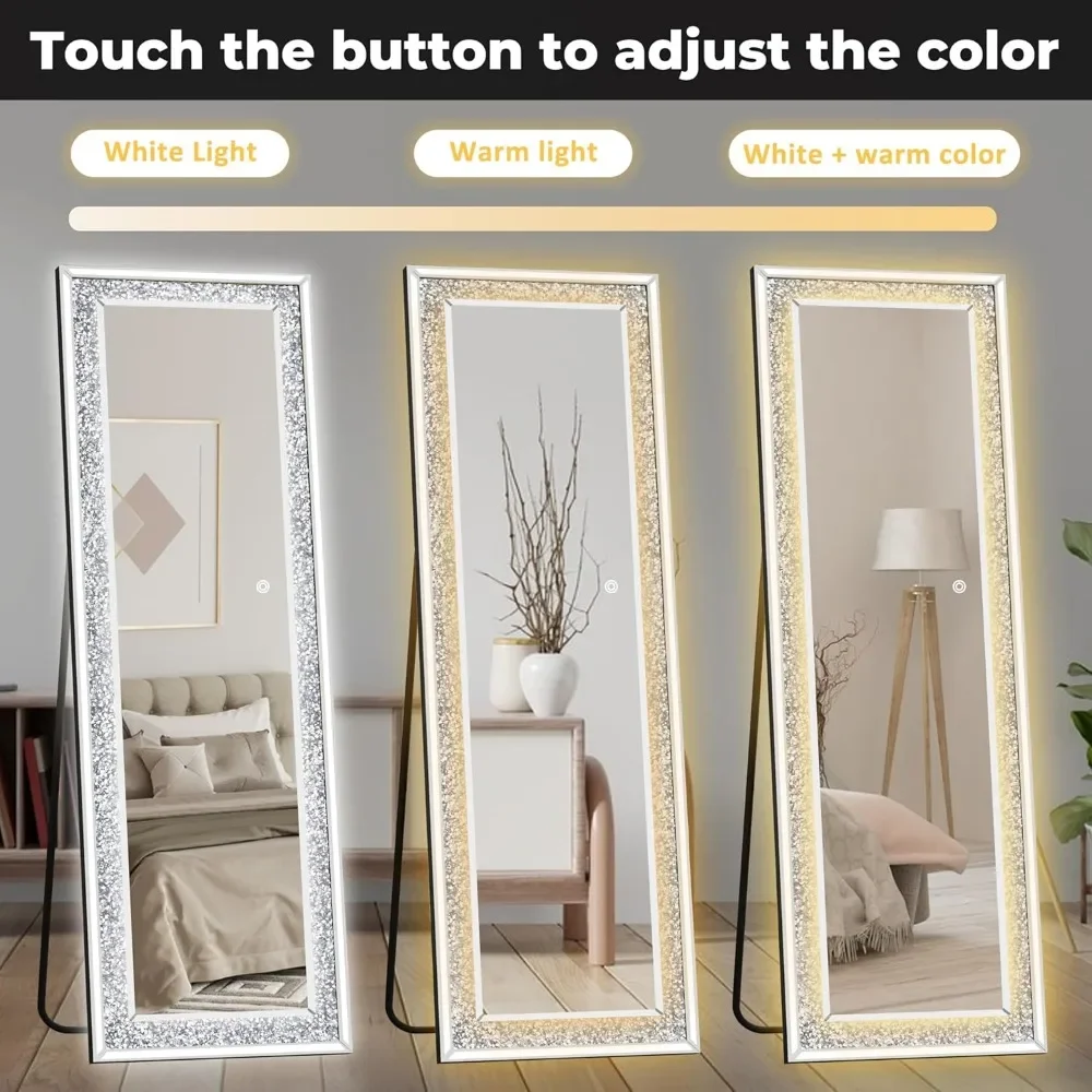 Crystal Full Length Mirror with Lights LED Mirror Full Length 3 Color Modes Light Up Large Full Body Mirror for Bedroom Bathroom