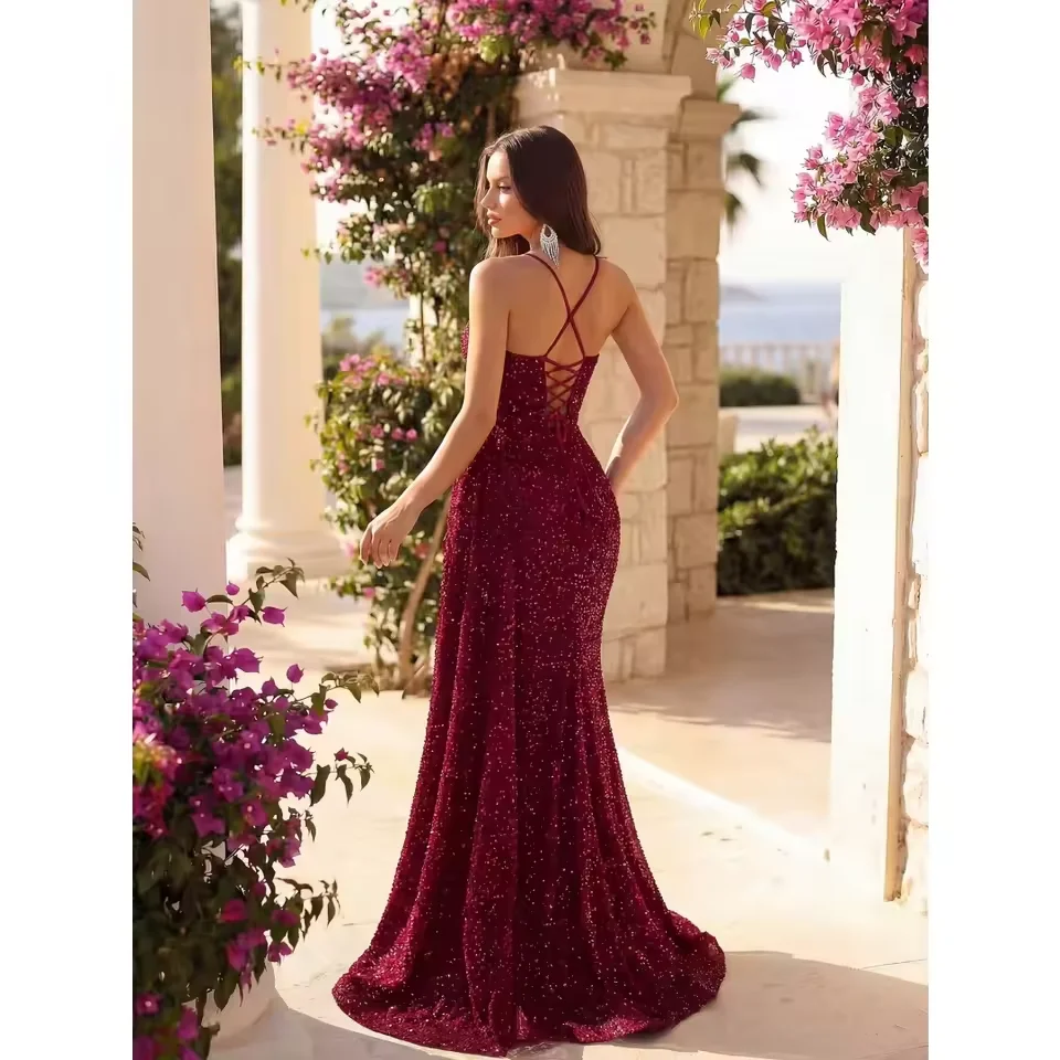 Customized Elegant Mermaid Straps Sequin Prom Dress Side Slit Backless Lace Up Wedding Guest Party Dress Formal Evening Dresses