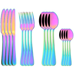 16Pcs/Set Dinnerware Stainless Steel Mirror Rainbow Cutlery Set Kitchen Fork Coffee Spoon Knife Tableware Silverware Set