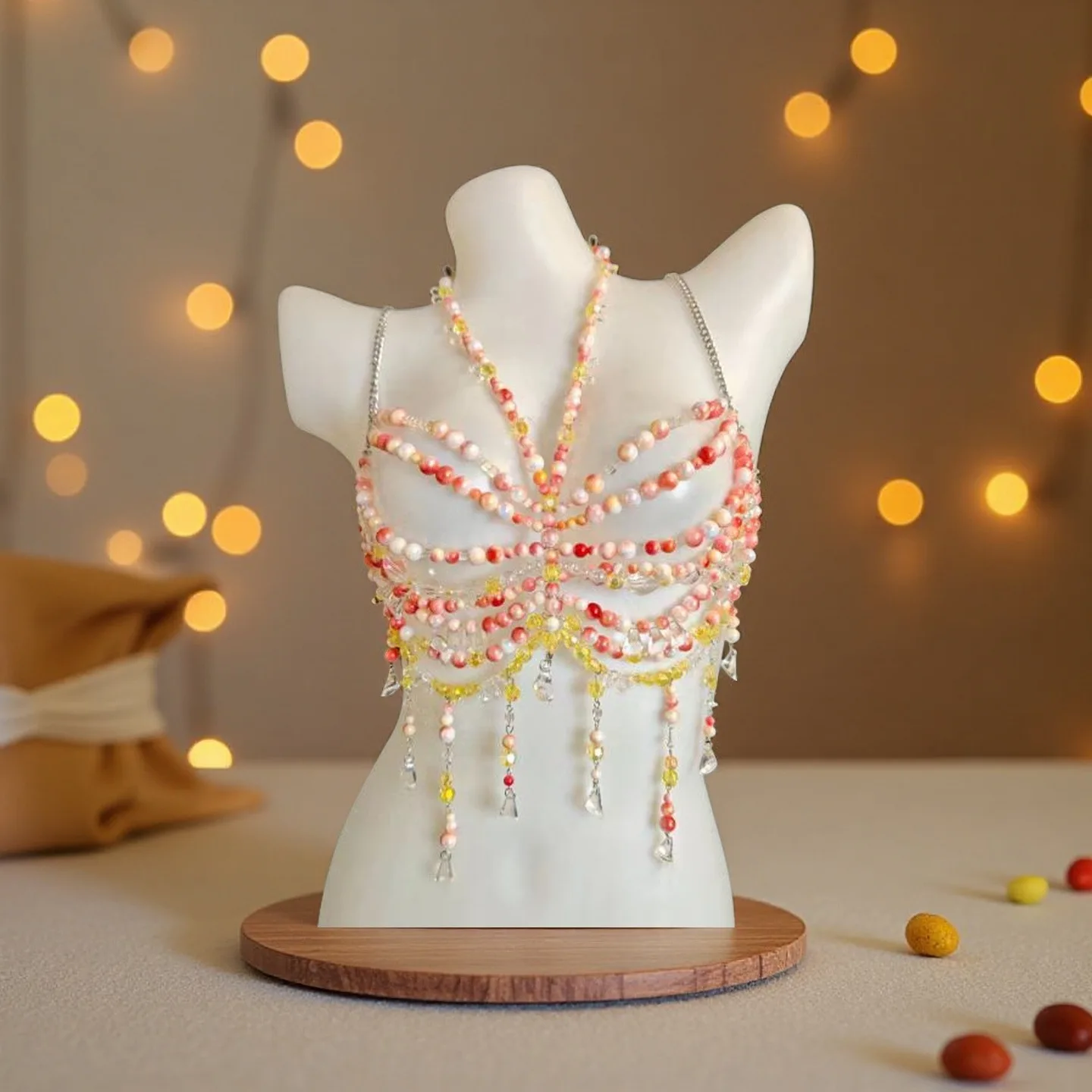 Crystal Bra Halter Woman Tops Pink Beaded Layered Lingerie Harness Bralette Beaded Women Vest Neck Wedding Bridal Beachwear