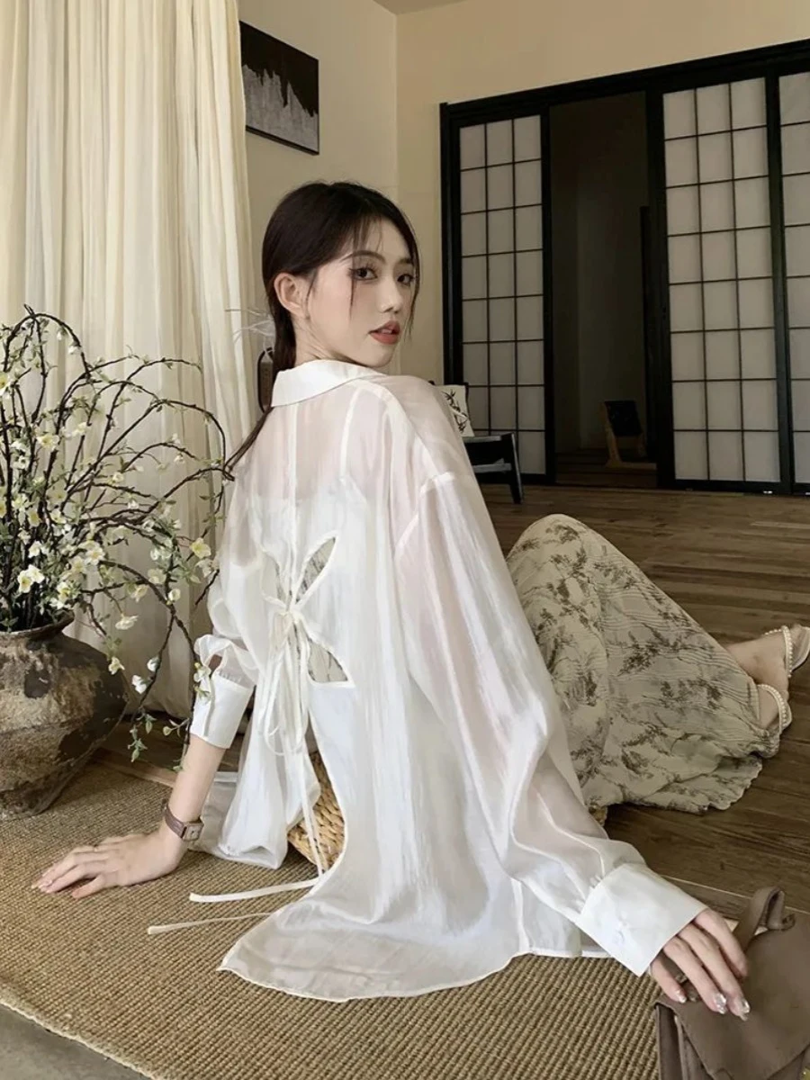 Bow Hollow Sun Protection Clothes 2024 New Summer Women's White Chiffon Shirt Elegant Fashionable Light Thin Cardigan Fairy Coat