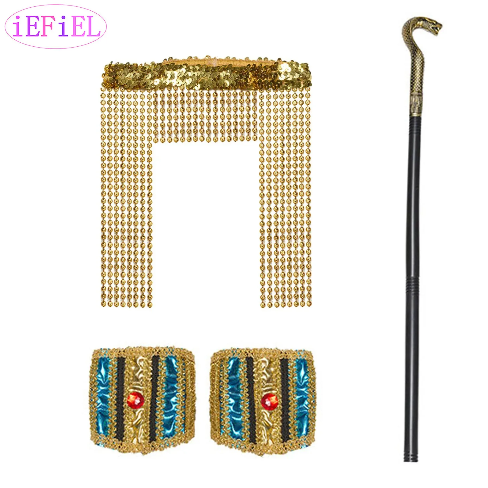 Egyptian Cleopatra Pharaoh Costume Accessories Headwear Neck Collar Wristband And Snake Head Scepter Props for Halloween Party