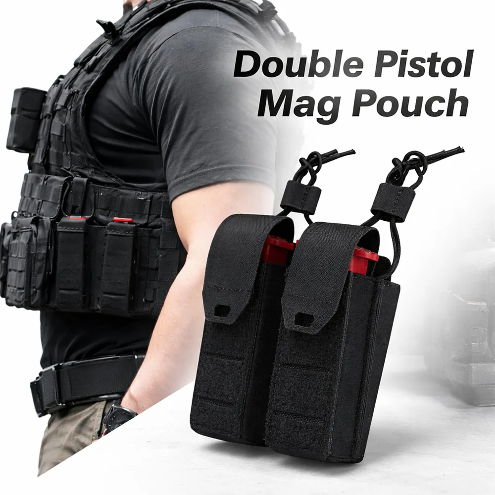 

Double Pistol Mag Pouch 9mm Magazine Molle Pouch with Elastic Side Anti Slip Loop Panel Open-Top Tactical Mag Pouch Case Holder