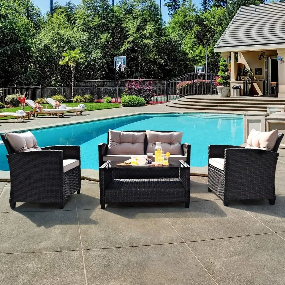 

4-Piece Patio Furniture Set, Rattan Wicker Chair Set w/1 Loveseat, 2 Single Sofas, 1 Coffee Table with Tempered Glass Top