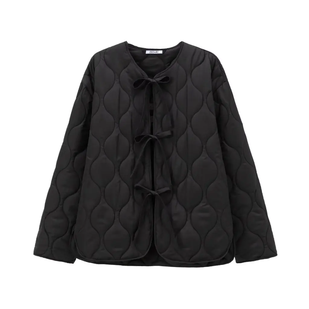 

Women's Casual Cotton Jacket with Bow Decoration European American Style Fashion Warm Coat for Autumn Winter