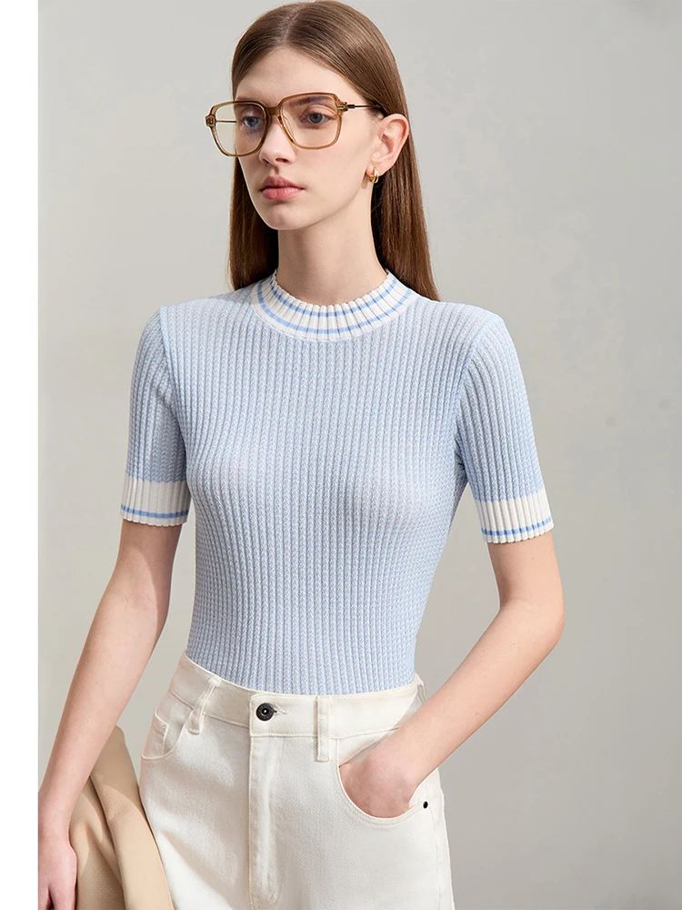 Amii Minimalism 2024 Women Knit Sweater Summer New Elegant Commuter O-Neck Jacquard Short-sleeved Wool Lady Slim Blouse 12442263