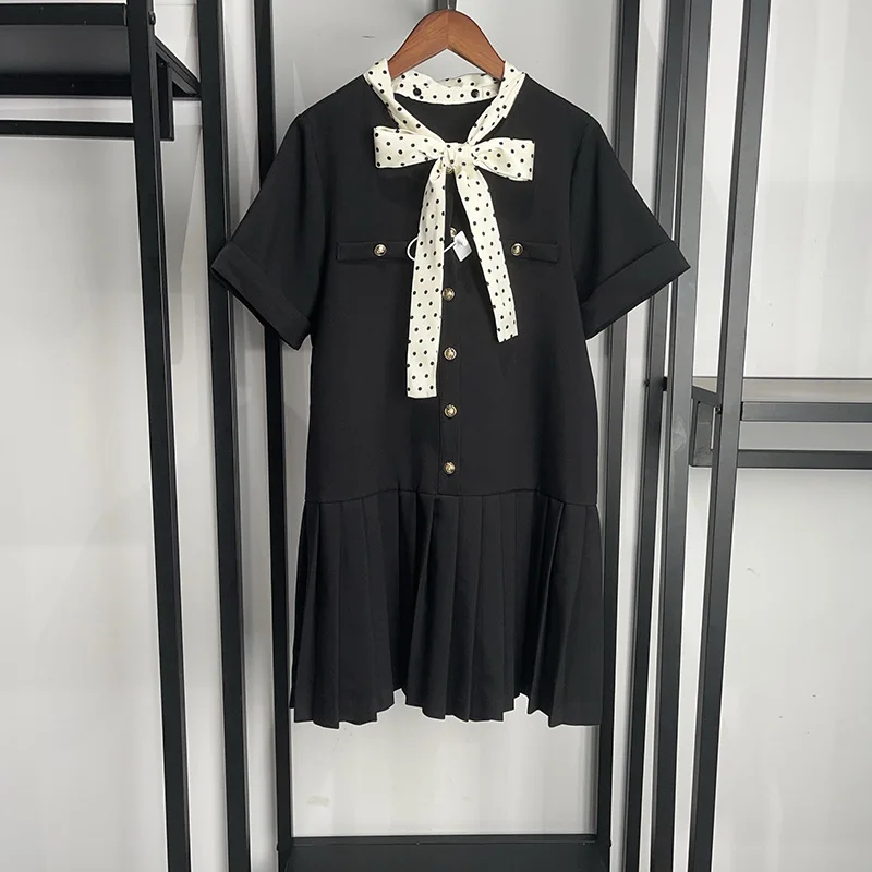 

Autumn 2024 Women Pleated Black Dress Point Bow Tie Ribbon O-Neck Short Sleeve Single Breasted Casual Female Mini Robe