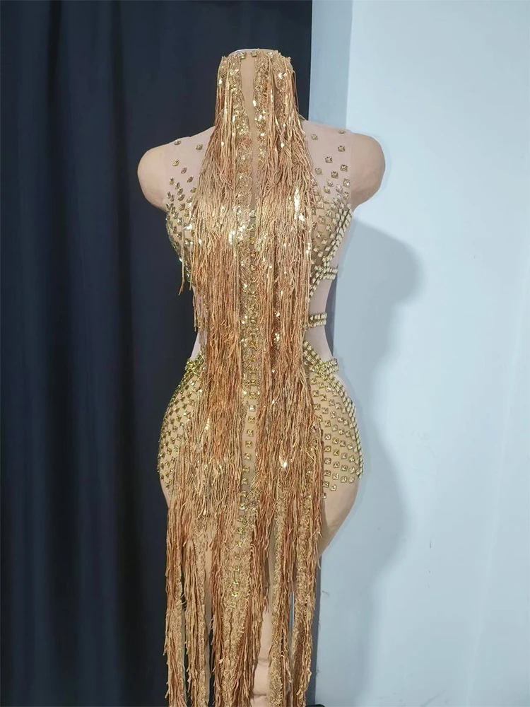 

Golden Sequins Tassel Sexy Mesh Dress Luxury Birthday Party Wedding Prom Nightclub dance Stage celebrity Costume outfit Wear
